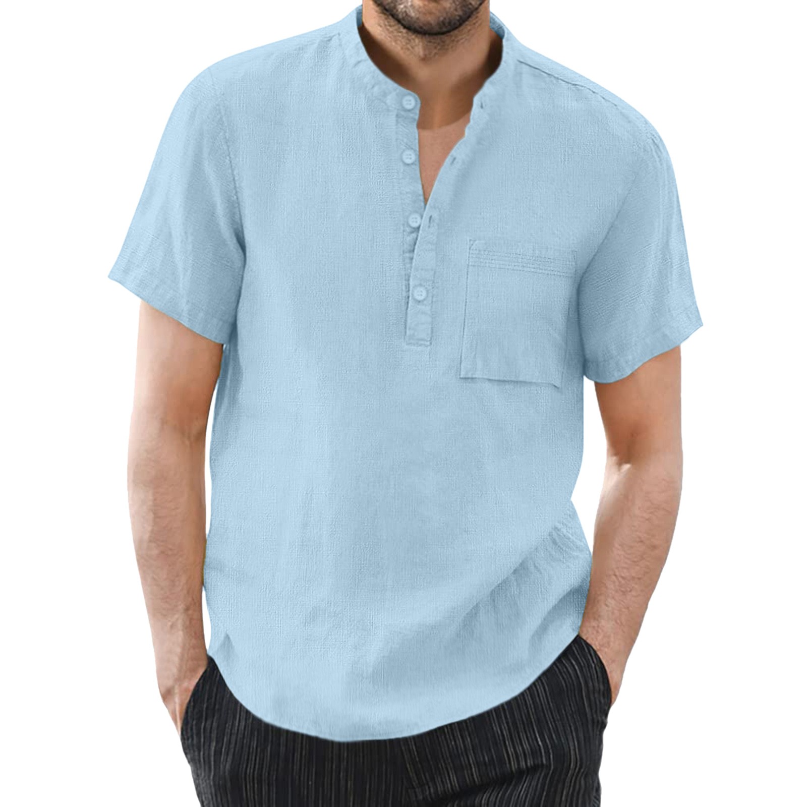 Mens Short Sleeve Shirts Solid Cotton Linen Stand Collar Plus Size Vacation Pocket Button Down Blouse Shirt